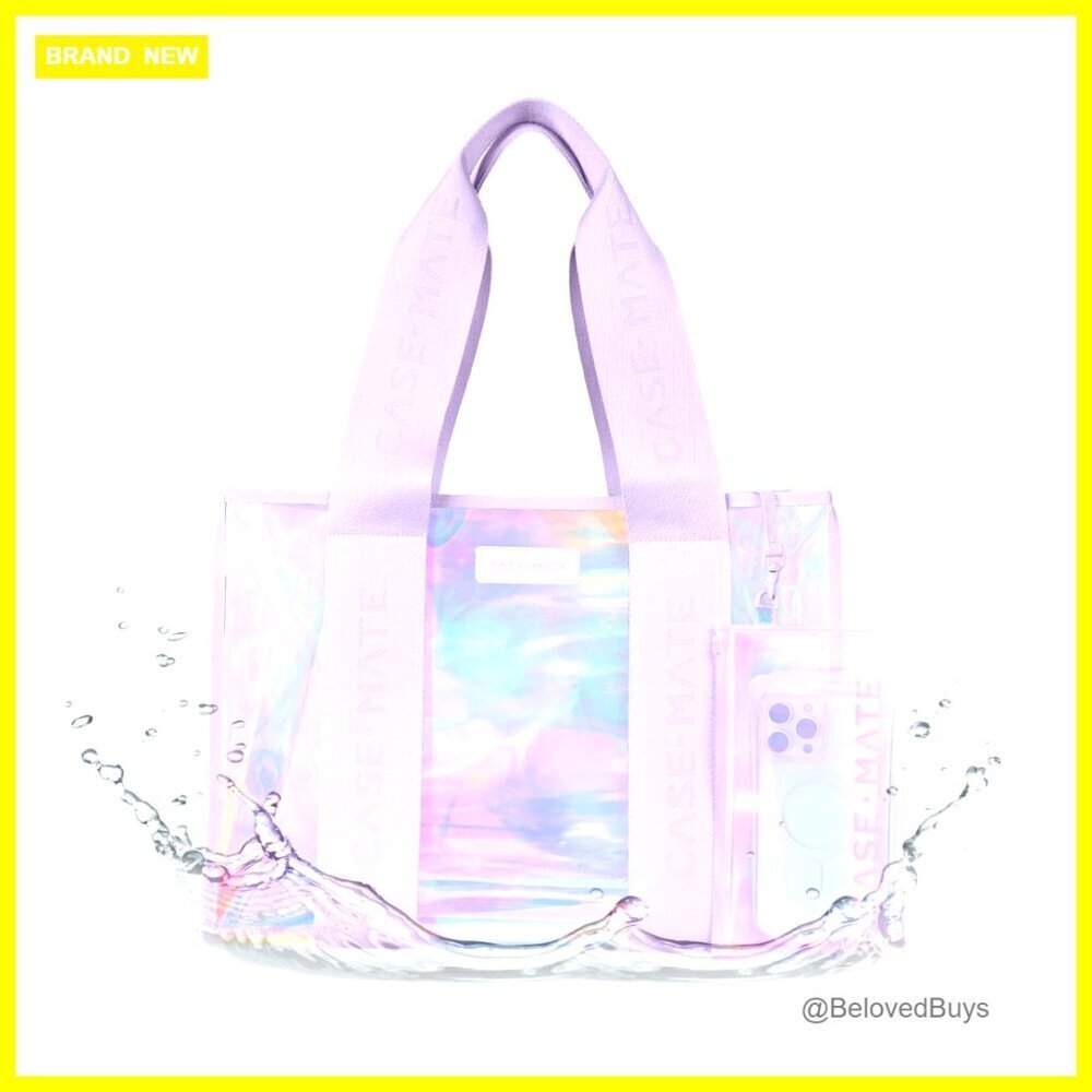 Large Waterproof Jelly Tote Bag with Phone Pouch, Iridescent Finish